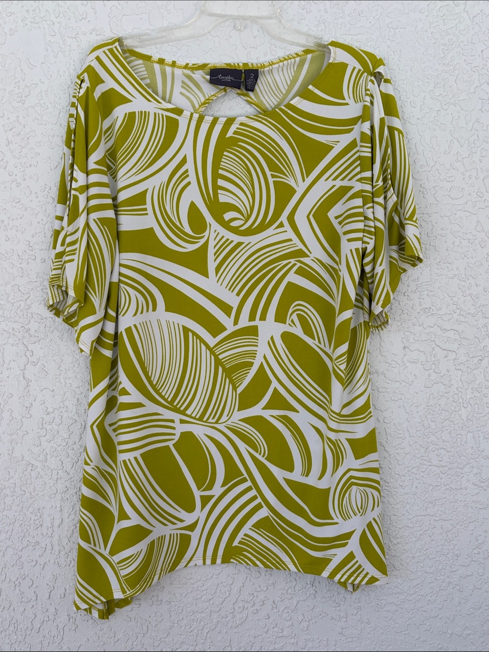 Chico’s Travelers  Olive and White Abstract Print Top/tunic size 2